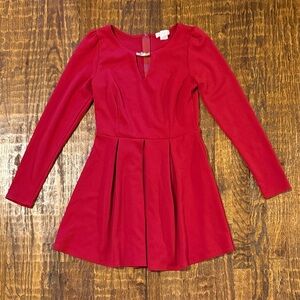 Red Long Sleeve Fit & Flare Dress Textured V-Neck Pleated Skirt Gold Detail Prep